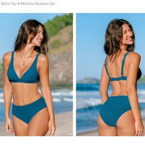 CupShe Brand - Deep Lagoon Bikini Top & Mid-Rise Bottoms Set